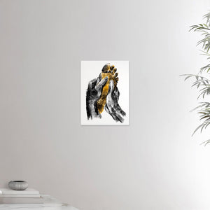12x16 inches canvas depicting a foot massage. Two black hands massaging a warm and yellow foot in a realistic carbon style. Reflexology. From the Healing Hands collection.