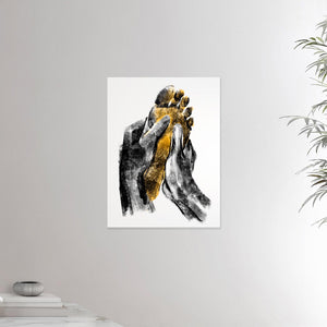 18x24 inches canvas depicting a foot massage. Two black hands massaging a warm and yellow foot in a realistic carbon style. Reflexology. From the Healing Hands collection.