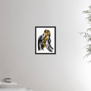 12x16 inches black framed poster depicting a foot massage. Two black hands massaging a warm and yellow foot in a realistic carbon style. Reflexology. From the Healing Hands collection.