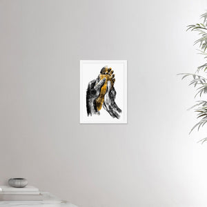12x16 inches white framed poster depicting a foot massage. Two black hands massaging a warm and yellow foot in a realistic carbon style. Reflexology. From the Healing Hands collection.
