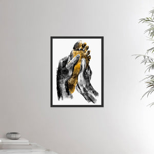 18x24 inches black framed poster depicting a foot massage. Two black hands massaging a warm and yellow foot in a realistic carbon style. Reflexology. From the Healing Hands collection.