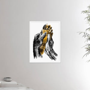18x24 inches white framed poster depicting a foot massage. Two black hands massaging a warm and yellow foot in a realistic carbon style. Reflexology. From the Healing Hands collection.