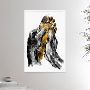 24x36 inches white framed poster depicting a foot massage. Two black hands massaging a warm and yellow foot in a realistic carbon style. Reflexology. From the Healing Hands collection.