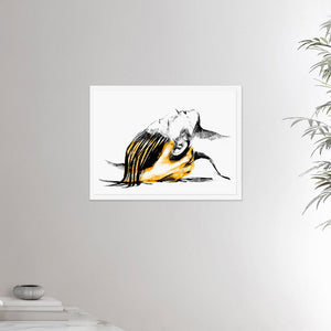 18x24 inches white framed poster depicting a head massage on a female head. Drawing made for massage professionals. Drawn in a realistic carbon style. From the Healing Hands collection.