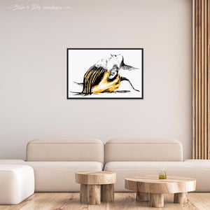 Living room with a 24x36 inches blach framed poster depicting a head massage on a female head. Drawing made for massage professionals. Drawn in a realistic carbon style. From the Healing Hands collection.