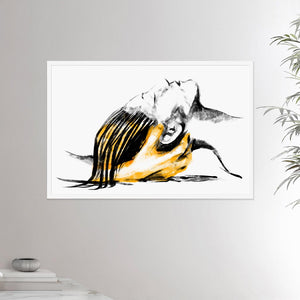 24x36 inches white framed poster depicting a head massage on a female head. Drawing made for massage professionals. Drawn in a realistic carbon style. From the Healing Hands collection.