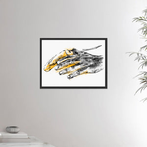 18x24 inches black framed poster depicting a pair of healing hands. Drawing made for massage professionals. Drawn in a realistic carbon style. From the Healing Hands collection.