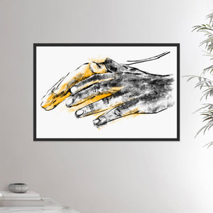 24x36 inches black framed poster depicting a pair of healing hands. Drawing made for massage professionals. Drawn in a realistic carbon style. From the Healing Hands collection.