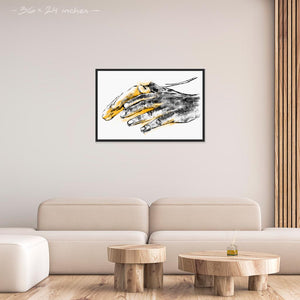 Living room with a 24x36 inches black framed poster depicting a pair of healing hands. Drawing made for massage professionals. Drawn in a realistic carbon style. From the Healing Hands collection.