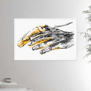24x36 inches white framed poster depicting a pair of healing hands. Drawing made for massage professionals. Drawn in a realistic carbon style. From the Healing Hands collection.