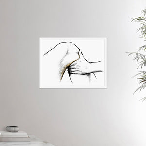 18x24 inches white framed poster depicting a knee massage. Made in a realistic carbon style. From the Healing Hands collection.