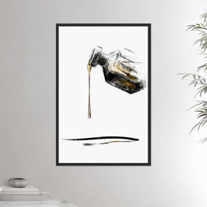 24x36 inches black framed poster depicting a aromatherapy perfume bottle. Made in a realistic carbon style. From the Healing Hands collection.