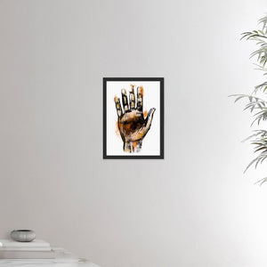 12x16 inch black framed poster depicting a massage therapists hand. Made in a realistic carbon style. From the Healing Hands collection.