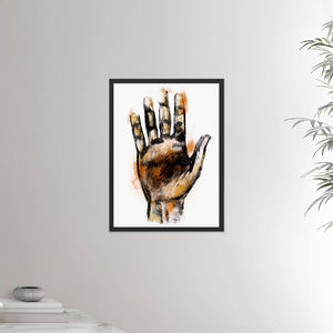 18x24 inch black framed poster depicting a massage therapists hand. Made in a realistic carbon style. From the Healing Hands collection.
