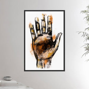 24x36 inch black framed poster depicting a massage therapists hand. Made in a realistic carbon style. From the Healing Hands collection.