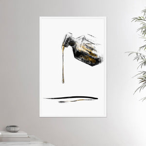 24x36 inches white framed poster depicting a aromatherapy perfume bottle. Made in a realistic carbon style. From the Healing Hands collection.