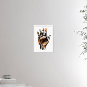 12x16 inch white framed poster depicting a massage therapists hand. Made in a realistic carbon style. From the Healing Hands collection.
