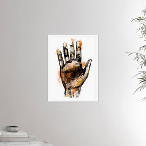 18x24 inch white framed poster depicting a massage therapists hand. Made in a realistic carbon style. From the Healing Hands collection.