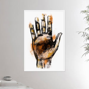 24x36 inch white framed poster depicting a massage therapists hand. Made in a realistic carbon style. From the Healing Hands collection.