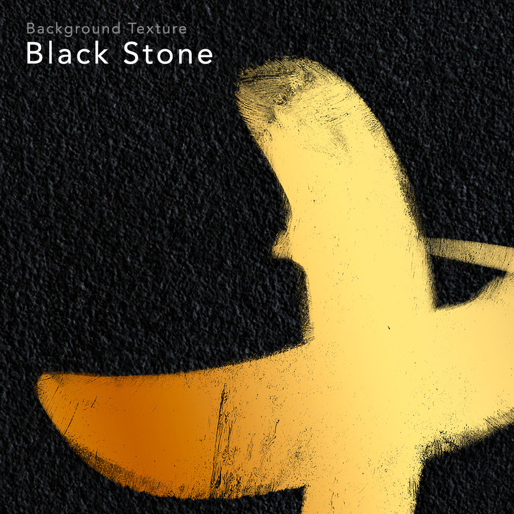 close up on a digital design of a kanji symbol. It is drawn with gold ink on a black stone background.