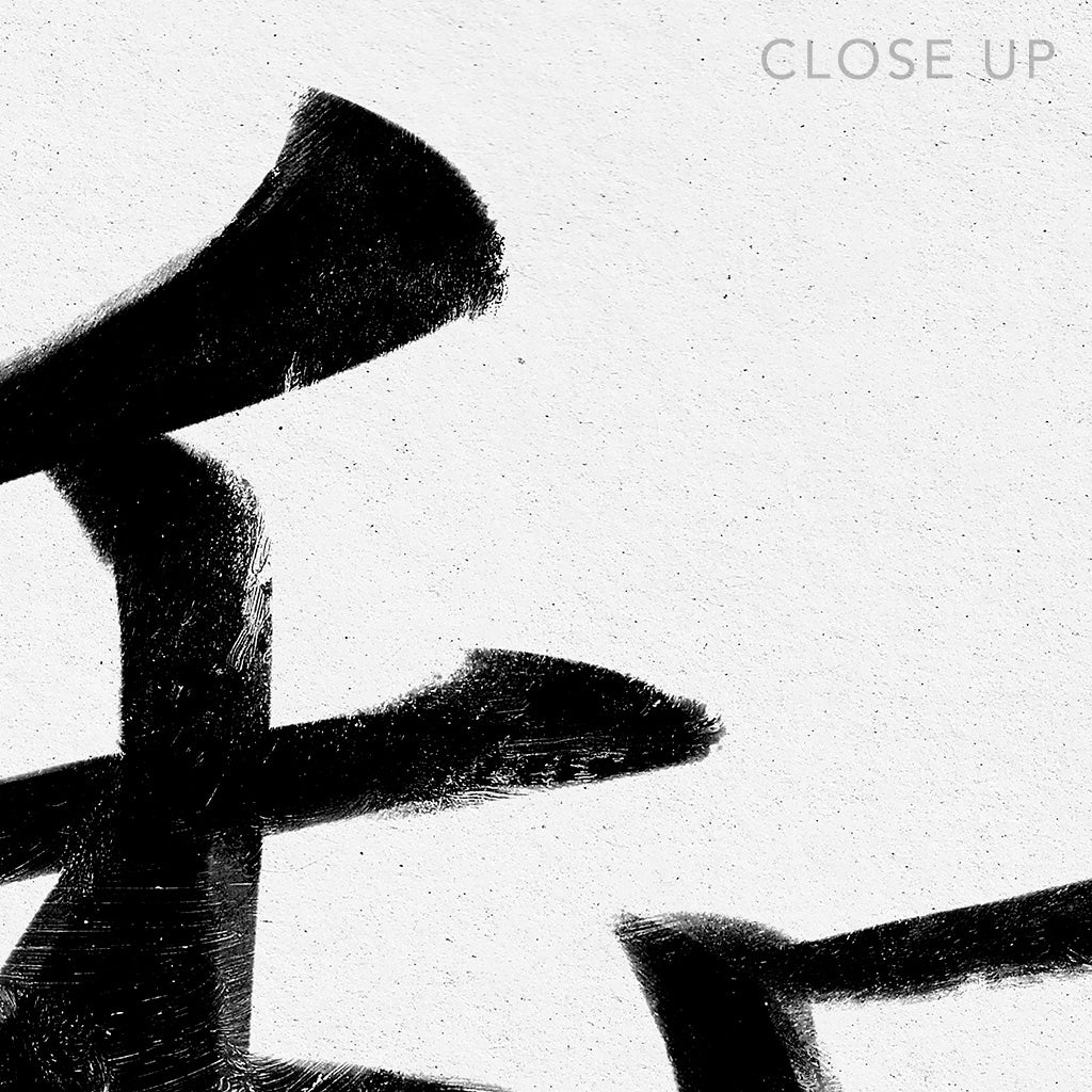 Close up of 24x36 canvas depicting the kanji symbol representing absolute calm. Black ink on limewall. From the Kanji collection.