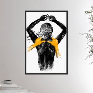 24x36 inches black framed poster depicting a shoulders massage on a female. Made in a realistic carbon style. From the Healing Hands collection.