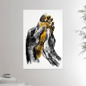 24x36 inches canvas depicting a foot massage. Two black hands massaging a warm and yellow foot in a realistic carbon style.  From the Healing Hands collection.