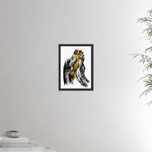 12x16 inches black framed poster depicting a foot massage. Two black hands massaging a warm and yellow foot in a realistic carbon style.  Reflexology. From the Healing Hands collection.