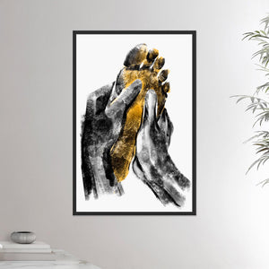 24x36 inches black framed poster depicting a foot massage. Two black hands massaging a warm and yellow foot in a realistic carbon style.  Reflexology. From the Healing Hands collection.