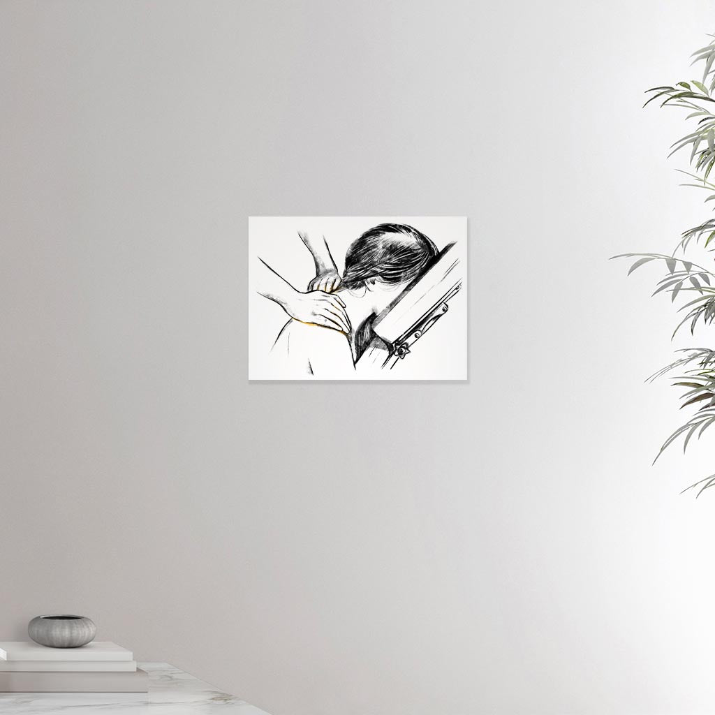 12x16 inches canvas depicting a shoulder massage in a massage chair. Made in a realistic carbon style. From the Healing Hands collection.