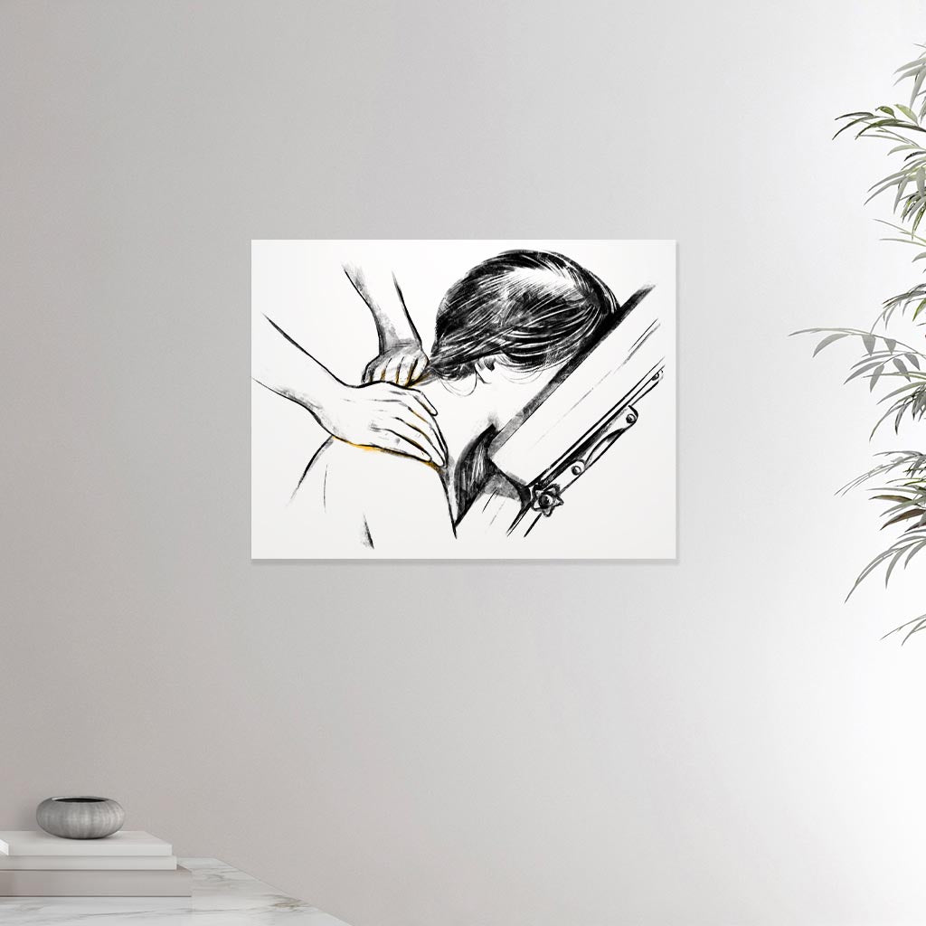 18x24 inches canvas depicting a shoulder massage in a massage chair. Made in a realistic carbon style. From the Healing Hands collection.