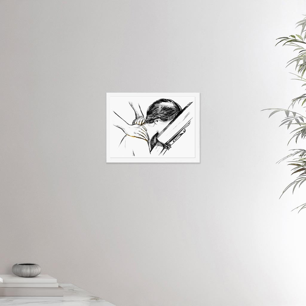 12x16 inches white framed poster depicting a shoulder massage in a massage chair. Made in a realistic carbon style. From the Healing Hands collection.