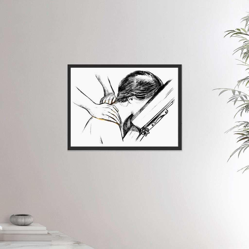 18x24 inches black framed poster depicting a shoulder massage in a massage chair. Made in a realistic carbon style. From the Healing Hands collection.