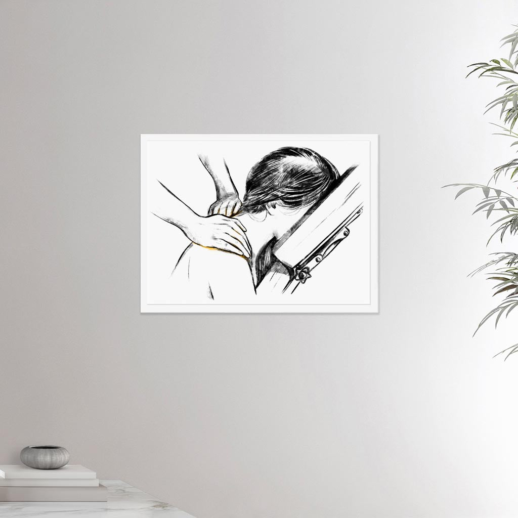 18x24 inches white framed poster depicting a shoulder massage in a massage chair. Made in a realistic carbon style. From the Healing Hands collection.