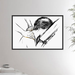 24x36 inches black framed poster depicting a shoulder massage in a massage chair. Made in a realistic carbon style. From the Healing Hands collection.