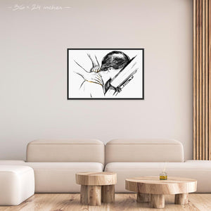 Mock up of 24x36 inches black framed poster depicting a shoulder massage in a massage chair. Made in a realistic carbon style. From the Healing Hands collection.