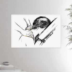 24x36 inches white framed poster depicting a shoulder massage in a massage chair. Made in a realistic carbon style. From the Healing Hands collection.