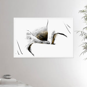 24x36 inches white framed poster depicting a deep tissue massage. Made in a rude and realistic carbon style. From the Healing Hands collection.
