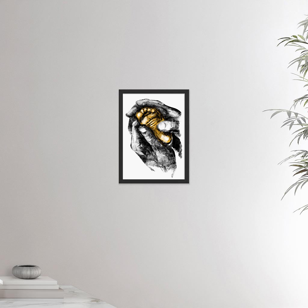 12x16 inches black framed poster depicting two grown hands giving a foot massage to a baby foot. Drawing made for massage professionals, pediatrists, reflexologists and podologists. Drawn in a realistic carbon style.  From the Healing Hands collection.