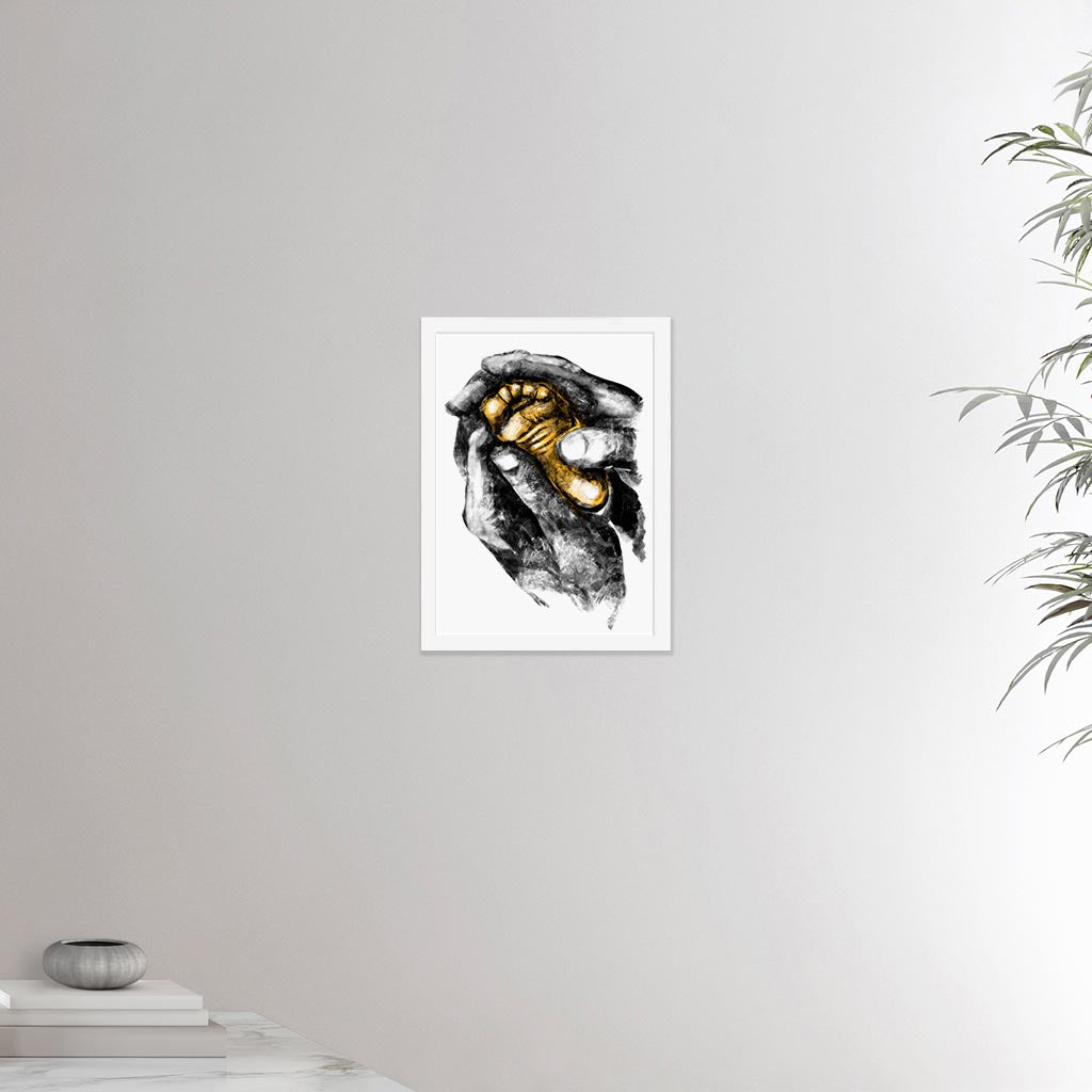 12x16 inches white framed poster depicting two grown hands giving a foot massage to a baby foot. Drawing made for massage professionals, pediatrists, reflexologists and podologists. Drawn in a realistic carbon style.  From the Healing Hands collection.