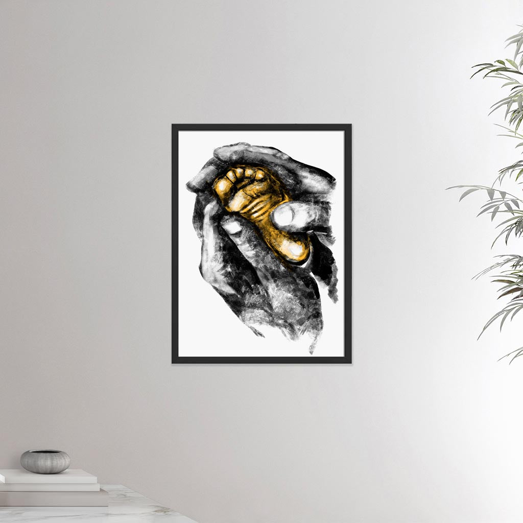 18x24 inches black framed poster depicting two grown hands giving a foot massage to a baby foot. Drawing made for massage professionals, pediatrists, reflexologists and podologists. Drawn in a realistic carbon style.  From the Healing Hands collection.