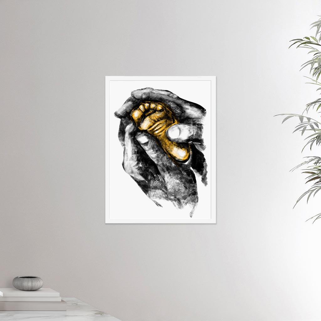 18x24 inches white framed poster depicting two grown hands giving a foot massage to a baby foot. Drawing made for massage professionals, pediatrists, reflexologists and podologists. Drawn in a realistic carbon style.  From the Healing Hands collection.