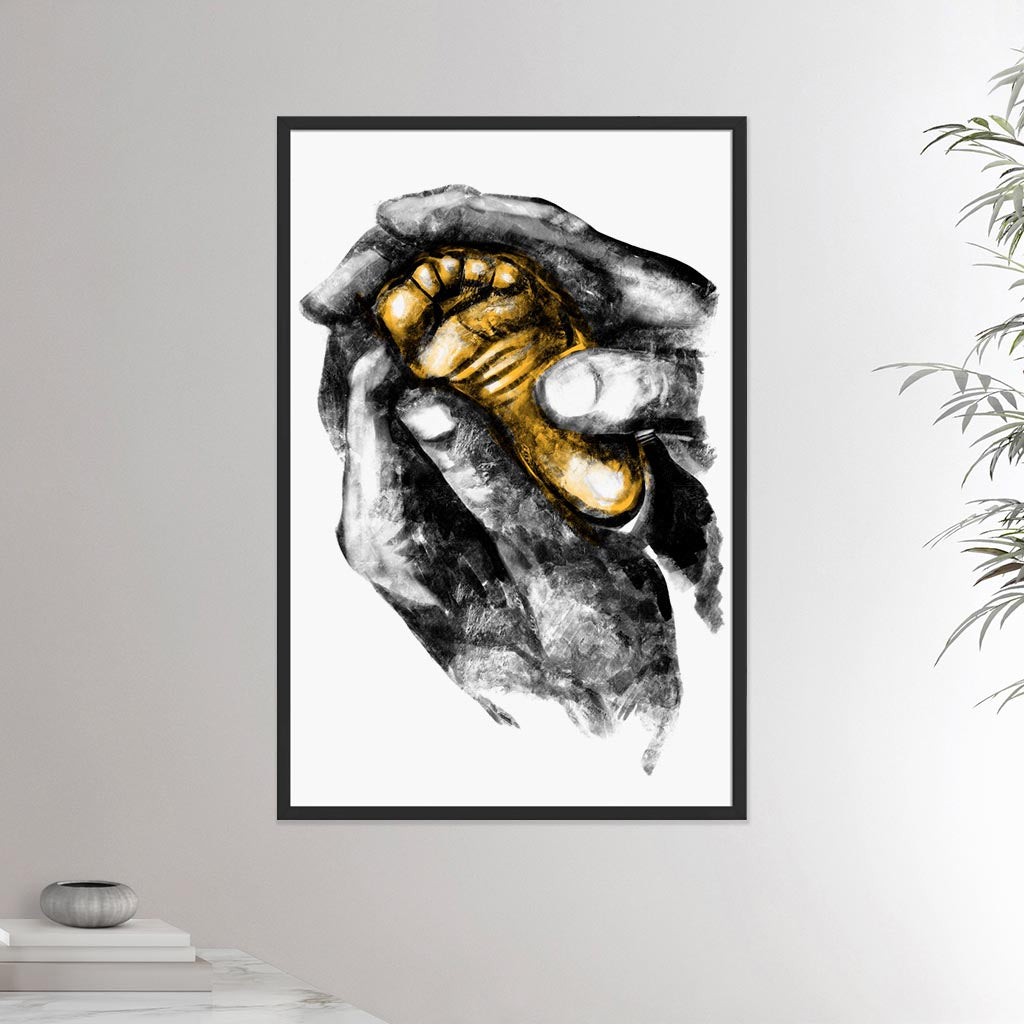 24x36 inches black framed poster depicting two grown hands giving a foot massage to a baby foot. Drawing made for massage professionals, pediatrists, reflexologists and podologists. Drawn in a realistic carbon style.  From the Healing Hands collection.