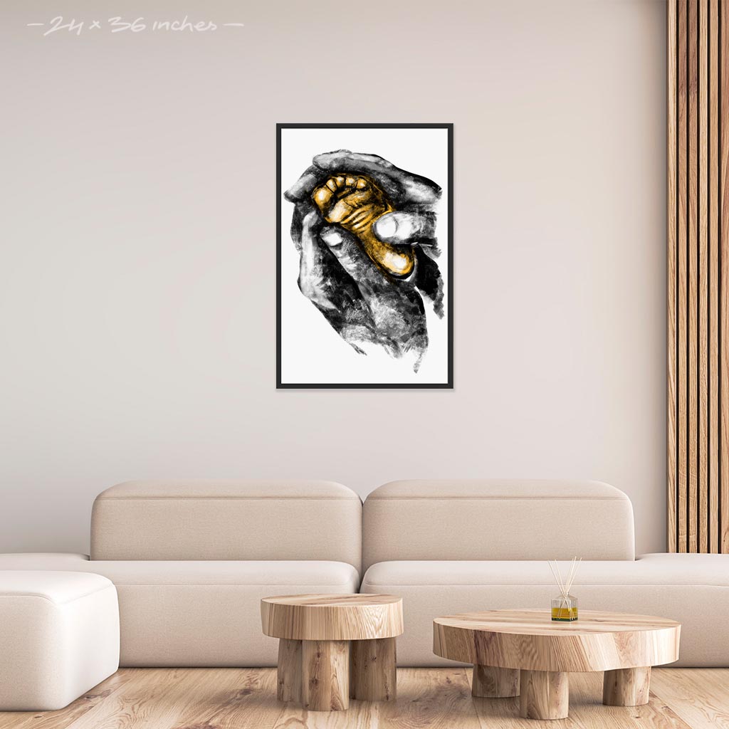living room with a 24x36 inches black framed poster depicting two grown hands giving a foot massage to a baby foot. Drawing made for massage professionals, pediatrists, reflexologists and podologists. Drawn in a realistic carbon style.  From the Healing Hands collection.