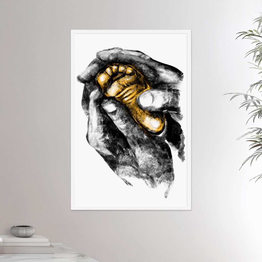 24x36 inches white framed poster depicting two grown hands giving a foot massage to a baby foot. Drawing made for massage professionals, pediatrists, reflexologists and podologists. Drawn in a realistic carbon style.  From the Healing Hands collection.