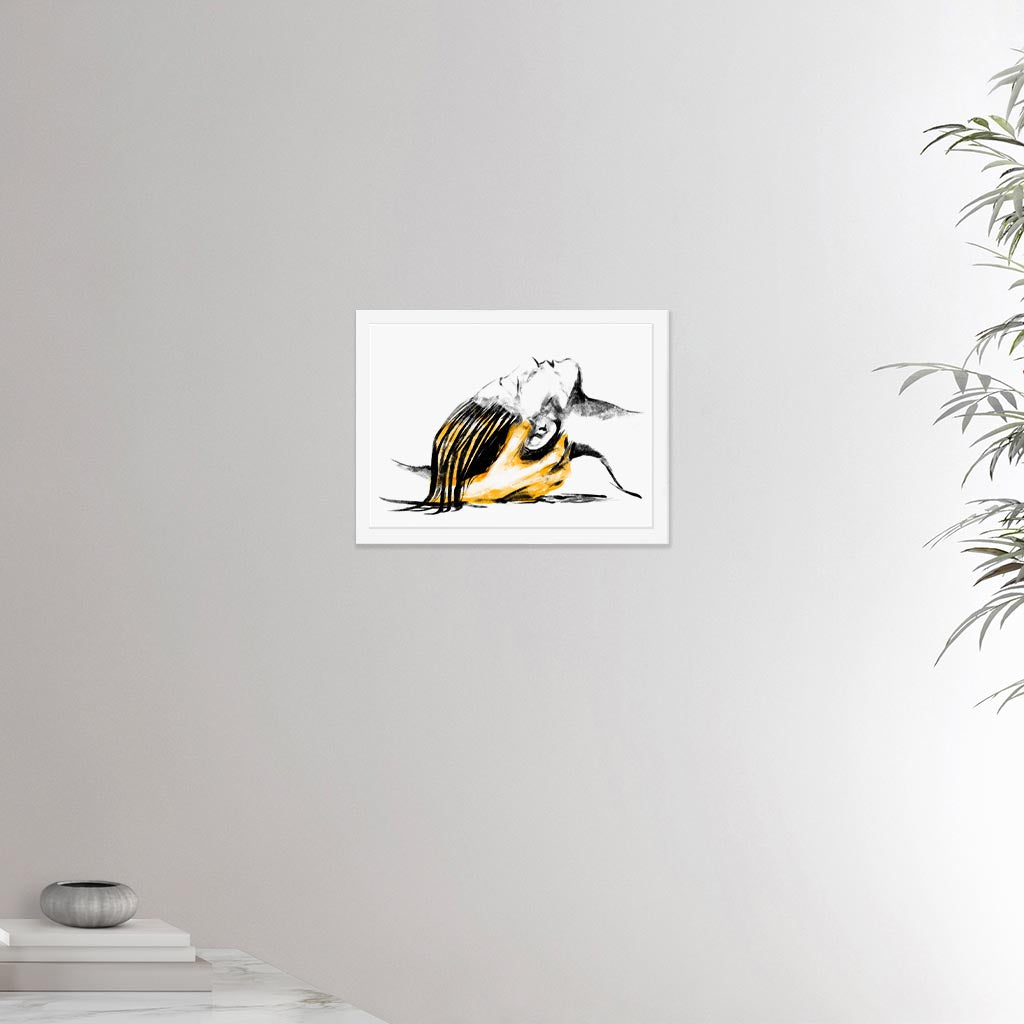 12x16 inches white framed poster depicting a head massage on a female head. Drawing made for massage professionals. Drawn in a realistic carbon style.  From the Healing Hands collection.