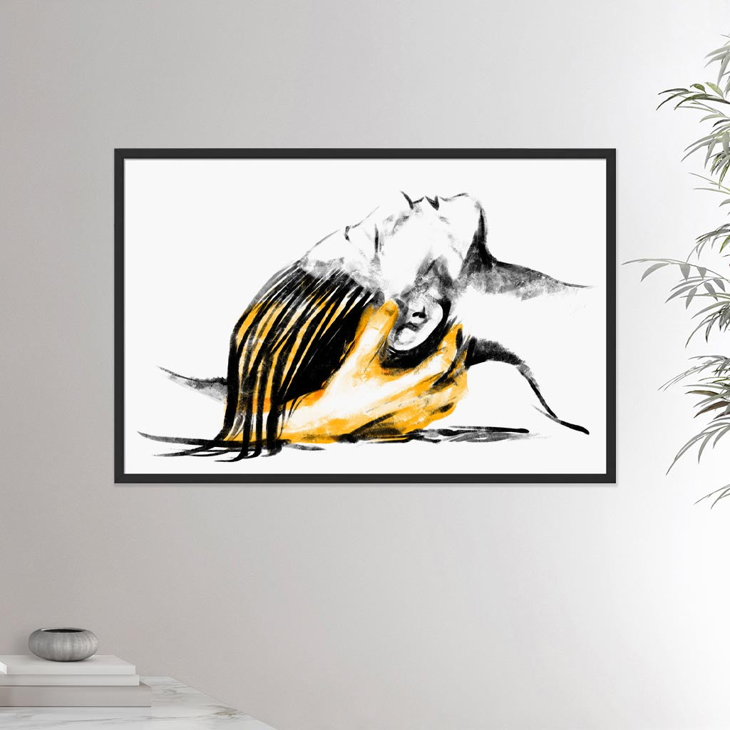 24x36 inches black framed poster depicting a head massage on a female head. Drawing made for massage professionals. Drawn in a realistic carbon style.  From the Healing Hands collection.