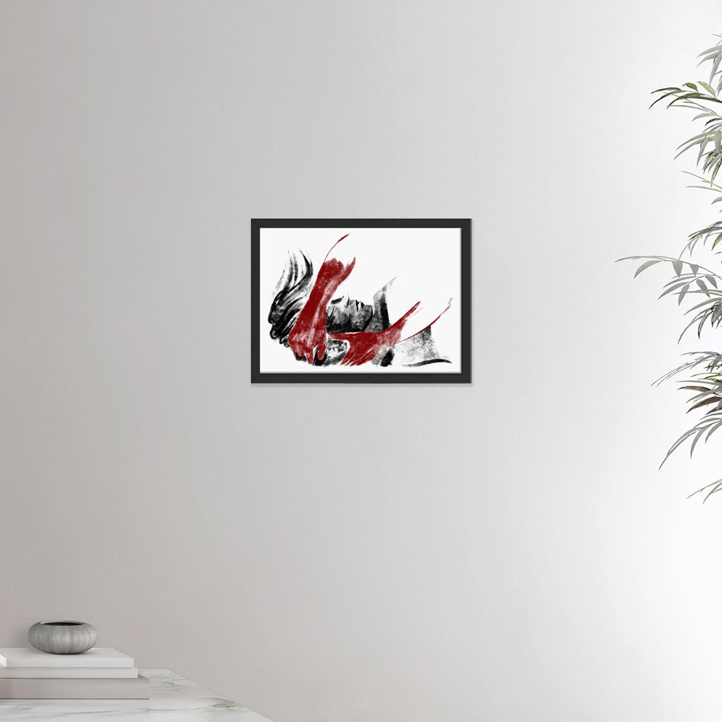 12x16 inches black framed poster depicting a head massage on a male head. Drawing made for massage professionals. Drawn in a realistic carbon style.  From the Healing Hands collection.