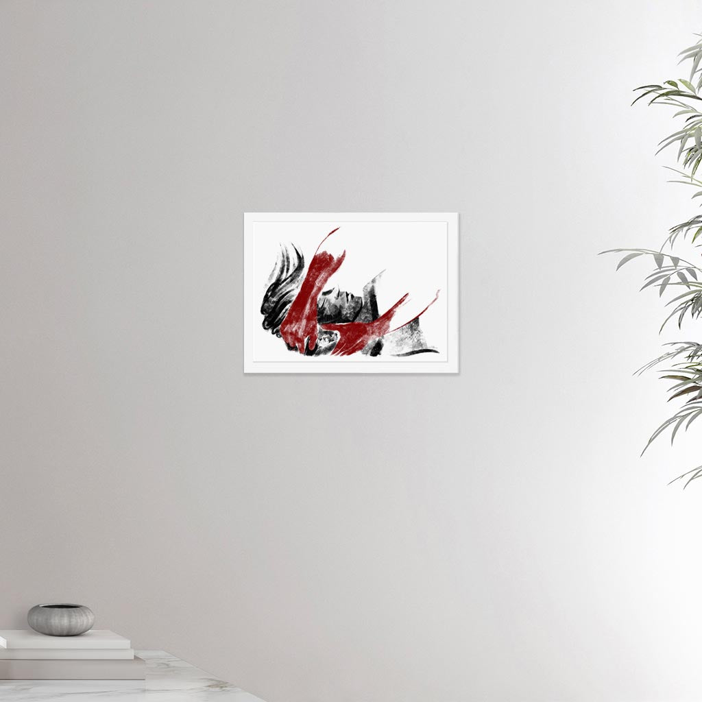 12x16 inches white framed poster depicting a head massage on a male head. Drawing made for massage professionals. Drawn in a realistic carbon style.  From the Healing Hands collection.