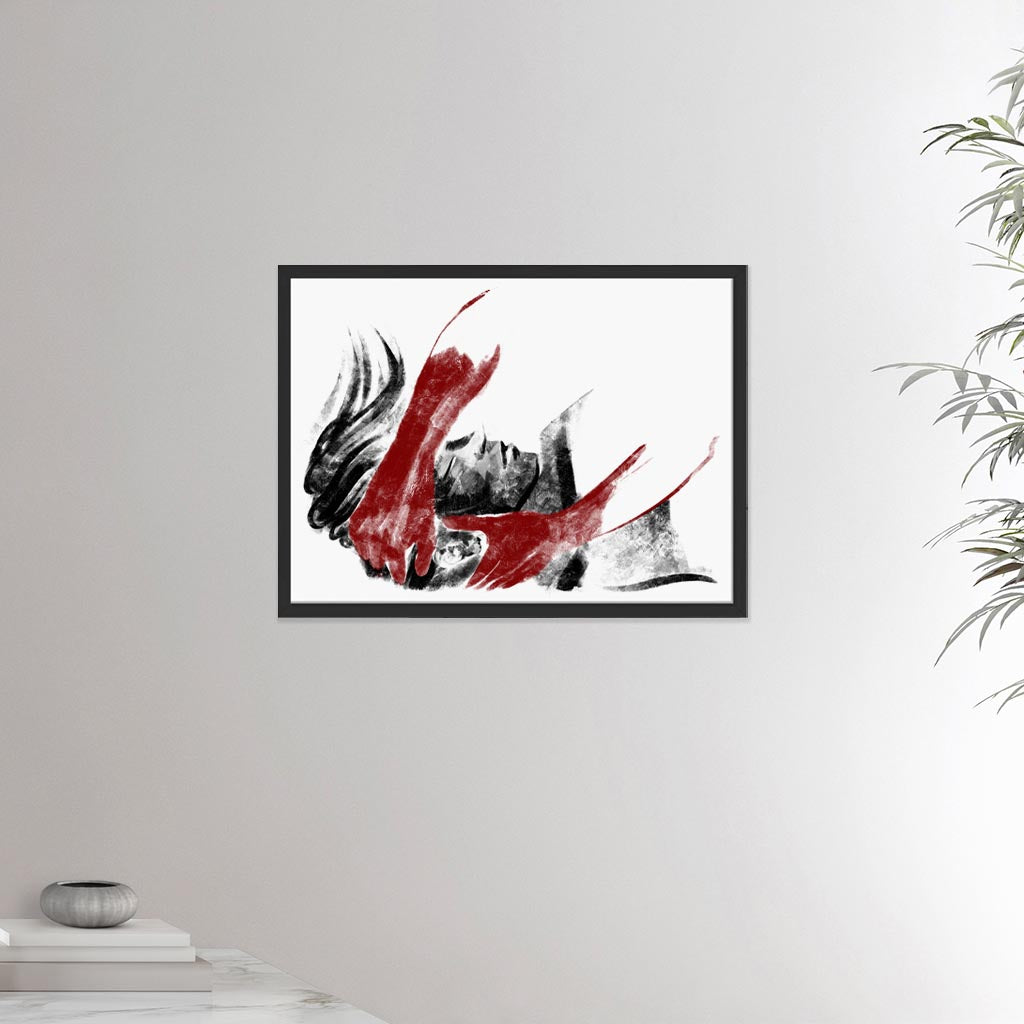 18x24 inches black framed poster depicting a head massage on a male head. Drawing made for massage professionals. Drawn in a realistic carbon style.  From the Healing Hands collection.